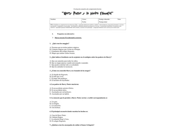 Evaluación Harry Potter y la piedra filosofal