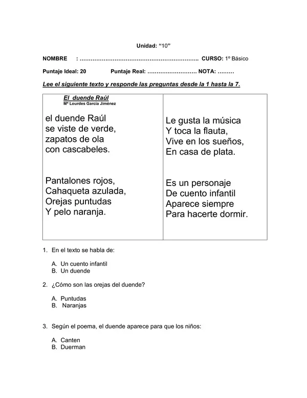 Evaluacion de Poemas y Comprension para Lenguaje 1 Basico
