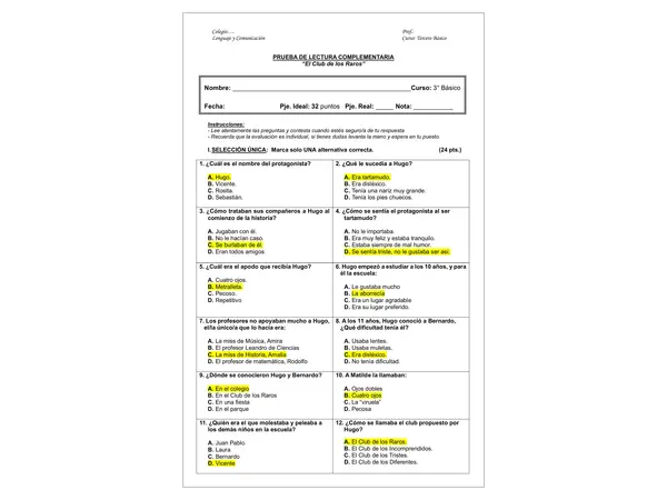 Prueba de lectura complementaria " El Club de los Raros"