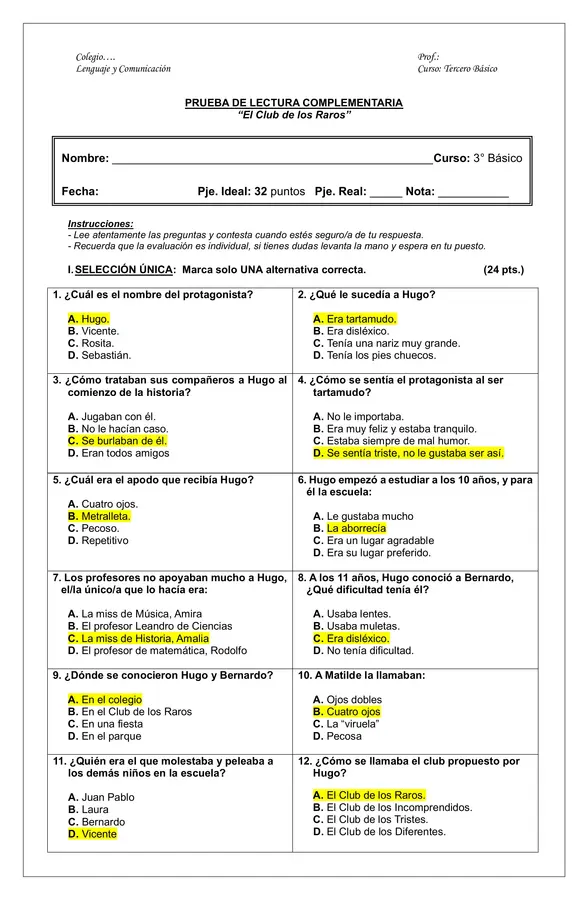 Prueba de lectura complementaria " El Club de los Raros"