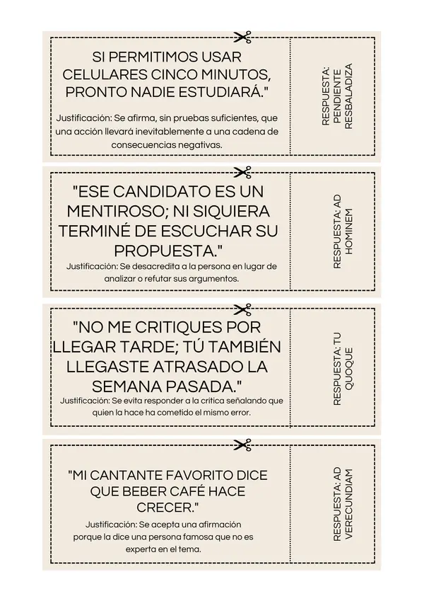Bingo de falacias argumentativas y argumentos válidos