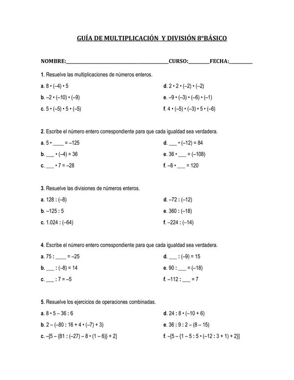 GuÍa De MultiplicaciÓn Y DivisiÓn 8°bÁsico Con Solución Profe Social