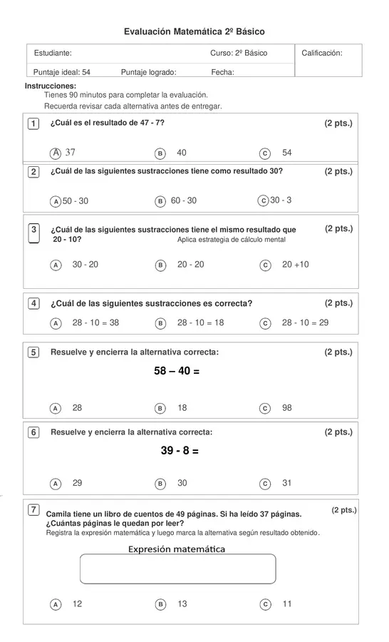 Evaluación sustracciones 2° básico