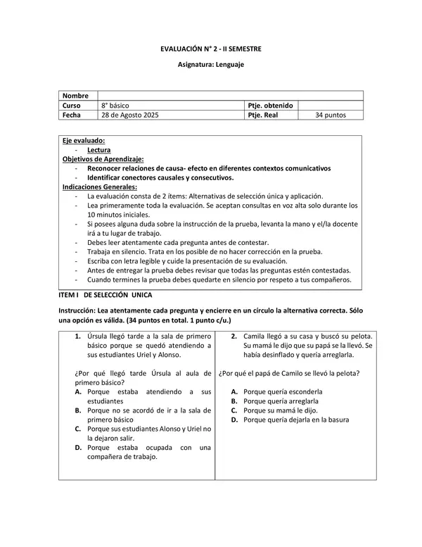 Control de causa-efecto 8° básico