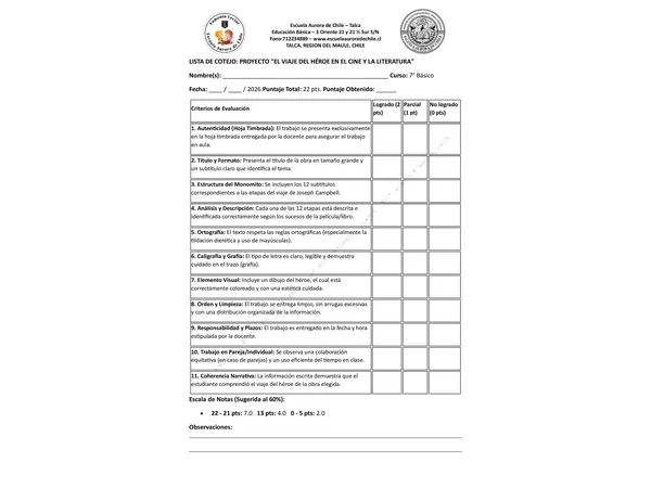 PAUTA DE EVALUACIÓN MONOMITO DLE VIAJE DEL HÉROE