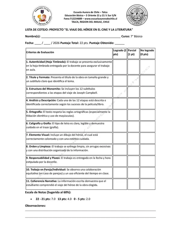 PAUTA DE EVALUACIÓN MONOMITO DLE VIAJE DEL HÉROE