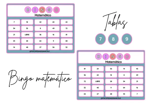 Bingo matemático de las tablas 7Bingo matemático de las tablas 7, 8 y 9, 8 y 9