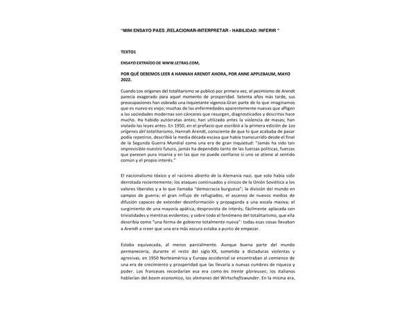 “MINI ENSAYO PAES ,RELACIONAR-INTERPRETAR - HABILIDAD: INFERIR ”