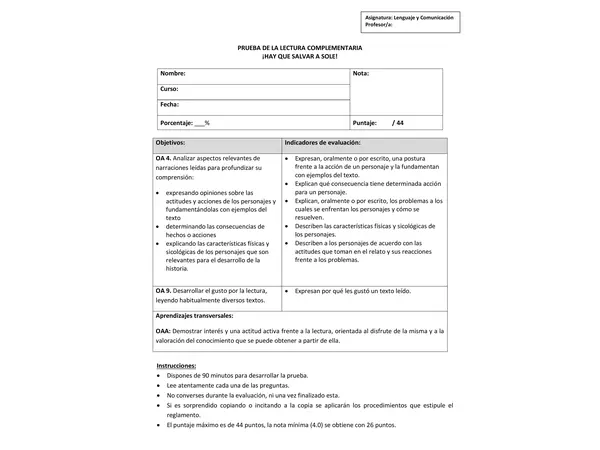 Evaluación de lectura "¡Hay que salvar a Sole!"