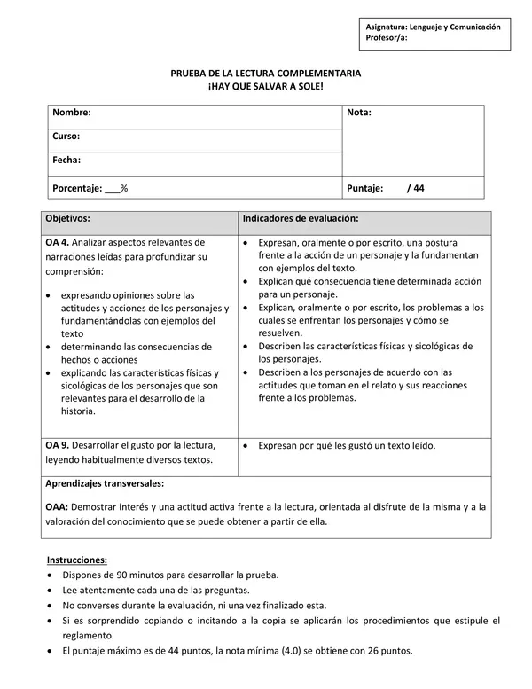 Evaluación de lectura "¡Hay que salvar a Sole!"