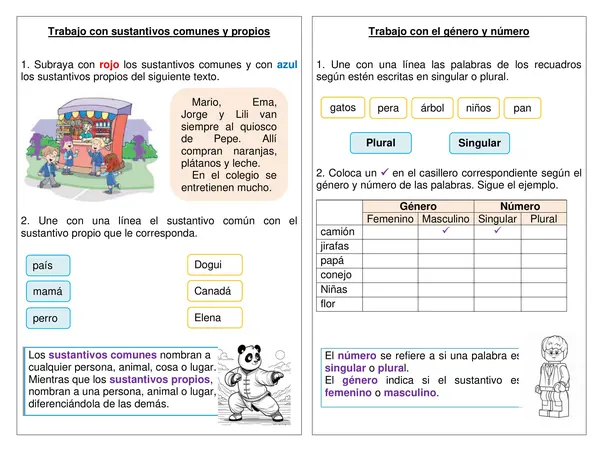 Guía de síntesis "Sustantivo común y propio" "Género y Número" 2°año.