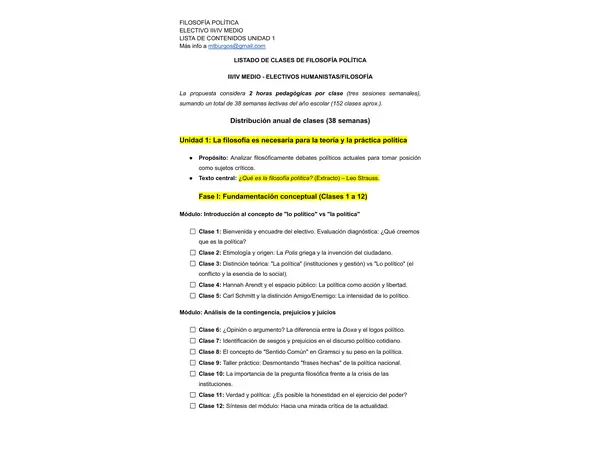 Listado de clases Unidad 1 FILOSOFÍA POLÍTICA