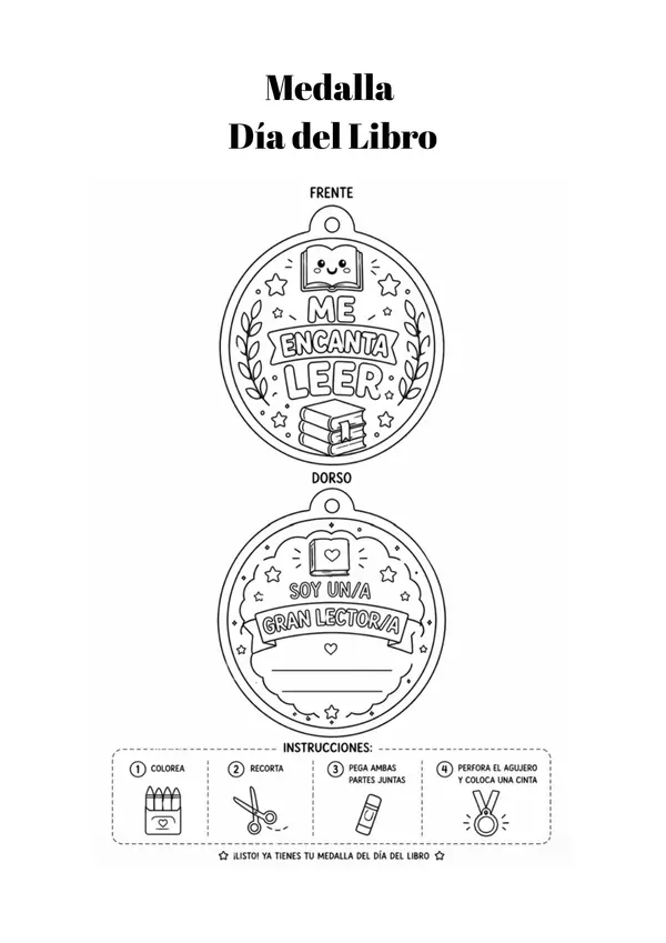 Medalla Día del Libro para colorear | Premio lector | Medalla | 23 de abril PDF