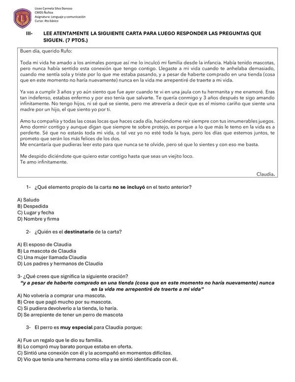 Prueba de comprensión lectora de géneros carta, instructivo, noticia y biografía