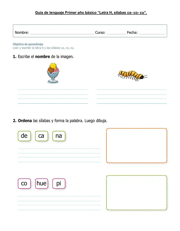Guía de lenguaje primer año "Letra H, Ca- Co- Cu".