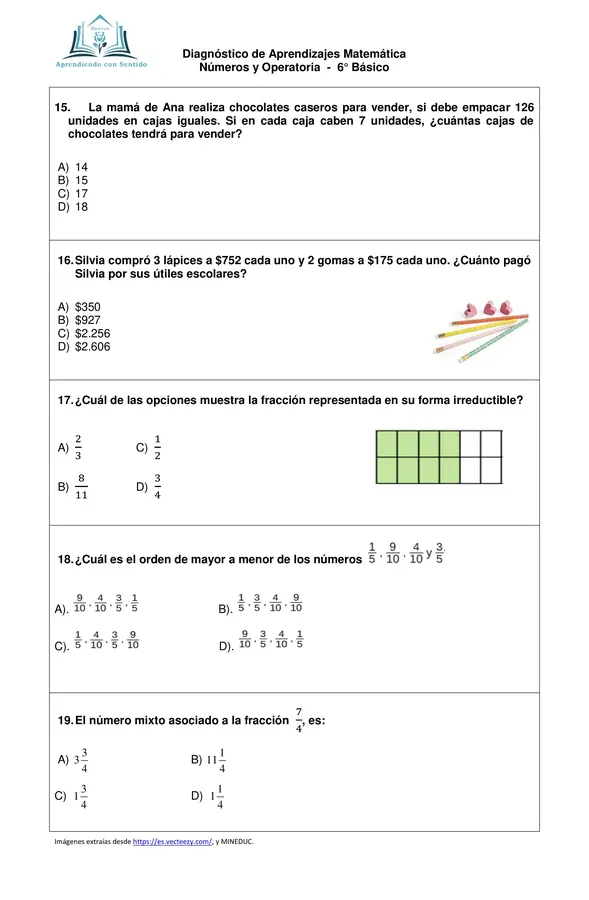 Diagnóstico Matemática 6° Básico, Número y Operatoria con pauta de respuesta.