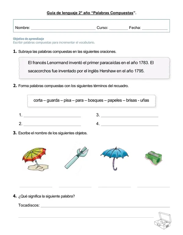 Guía de lenguaje 2° año "Palabras compuestas"