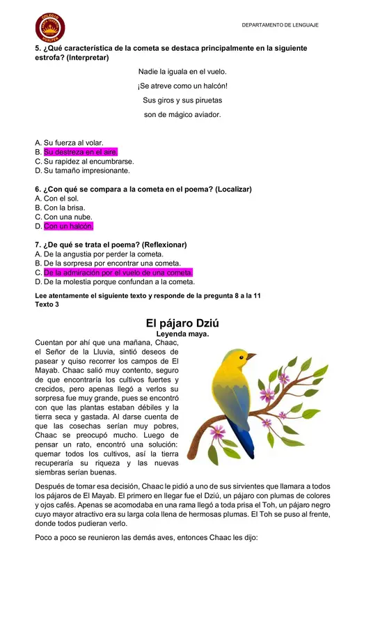 Guía de comprensión de lectura Cuarto básico
