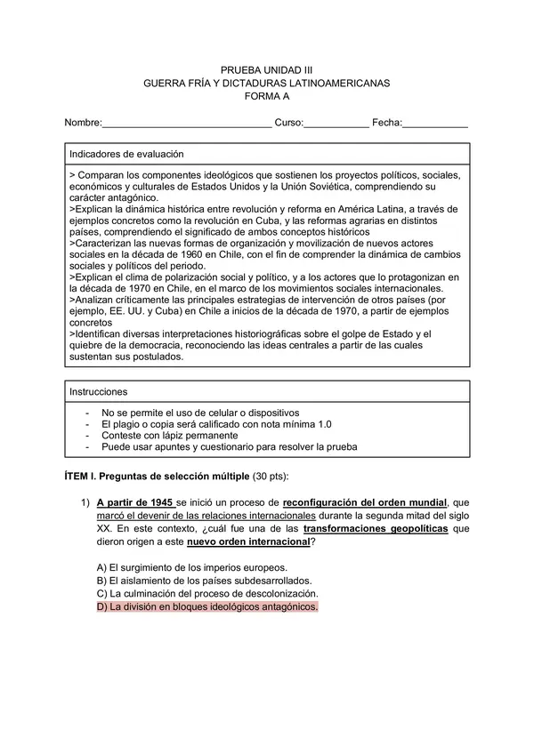 Prueba 2do medio HISTORIA Unidad III: Guerra Fría, Chile 1958-1970 y Dictadura en Chile (1973-1990)