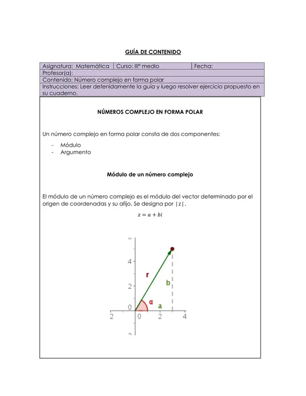 Guía para Expresar Números Complejos en Forma Polar, tercero medio, matematicas