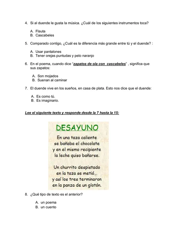Evaluacion de Poemas y Comprension para Lenguaje 1 Basico