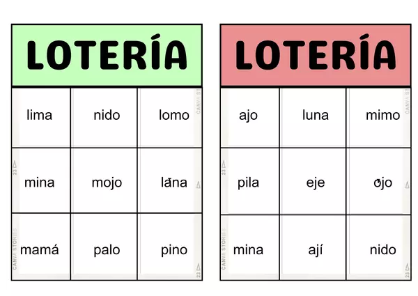 Lotería de palabras método matte