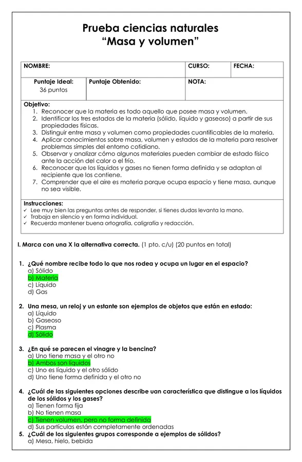 Prueba Ciencias naturales - Masa y volumen 4° básico