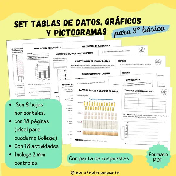 Set Tablas de datos, gráficos y pictogramas para 3° básico