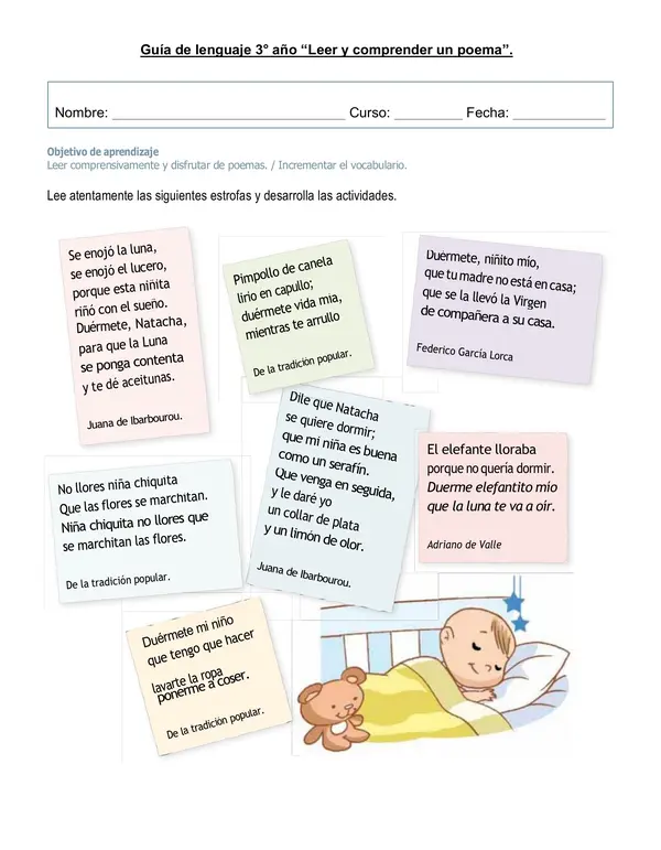 Guía de leguaje 3°año "Leer y comprender estrofas"