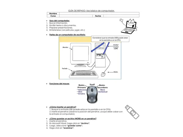 Guía de uso básico de computador y word.
