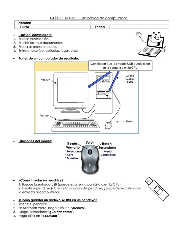 Guía de uso básico de computador y word.