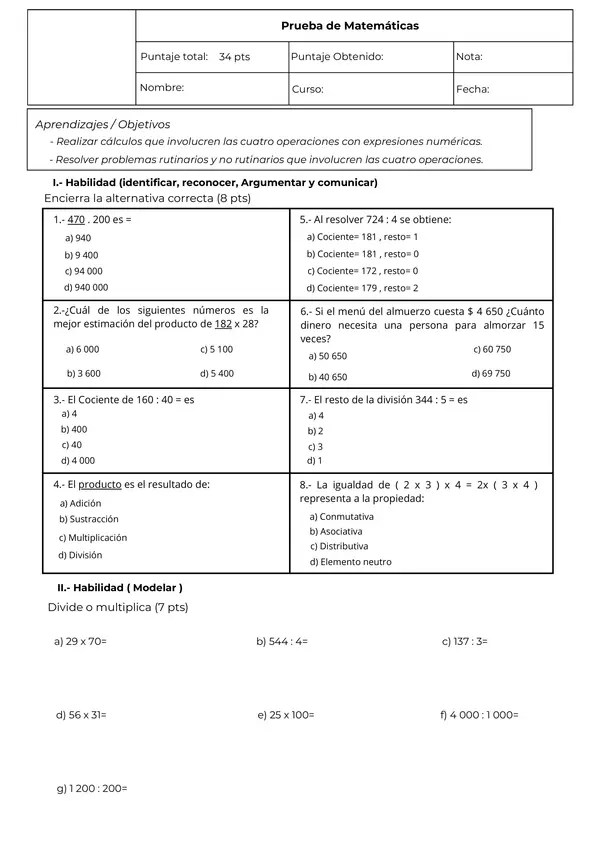 Prueba de matemáticas 