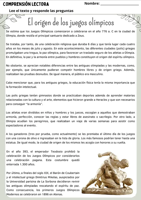 Ficha de Historia: Los Juegos Olímpicos - Origen, Símbolos y Deportes