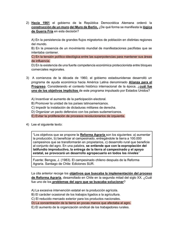 Prueba 2do medio HISTORIA Unidad III: Guerra Fría, Chile 1958-1970 y Dictadura en Chile (1973-1990)