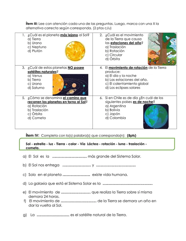 Evaluación Sumativa: El sistema Solar