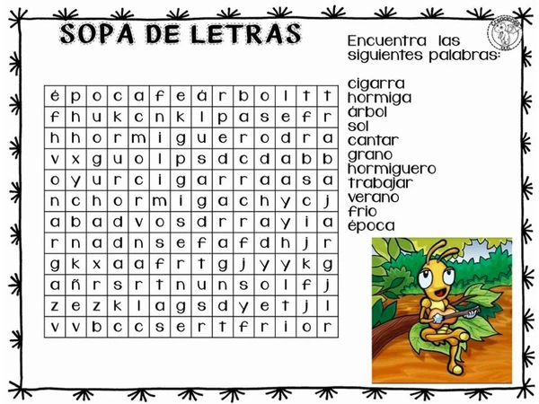 Sopa de letras La Cigarra y la Hormiga.