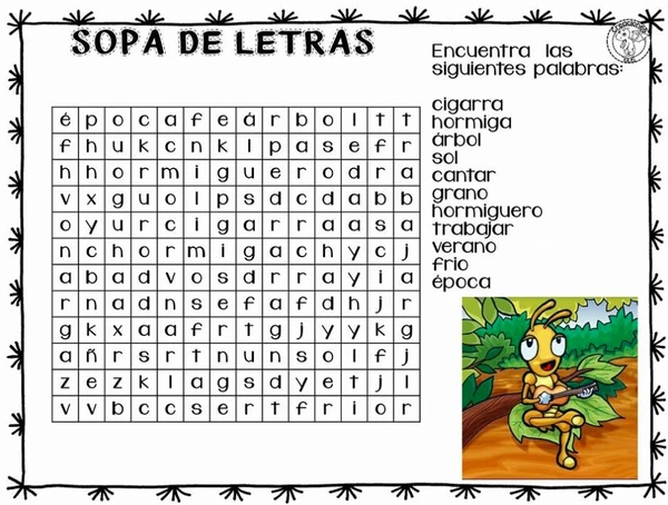 Sopa de letras La Cigarra y la Hormiga.