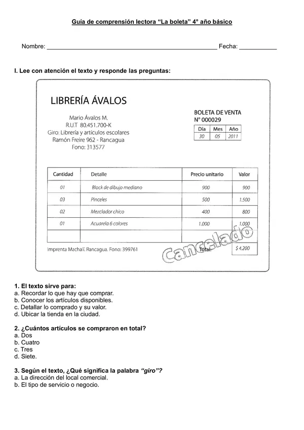 Guía de comprensión lectora " La boleta" 4° año