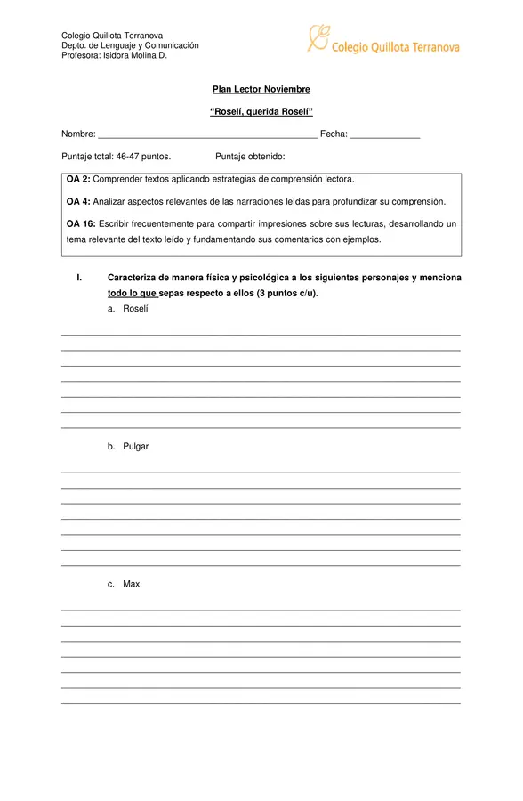 Evaluación Plan Lector "Roselí, querida Roselí"