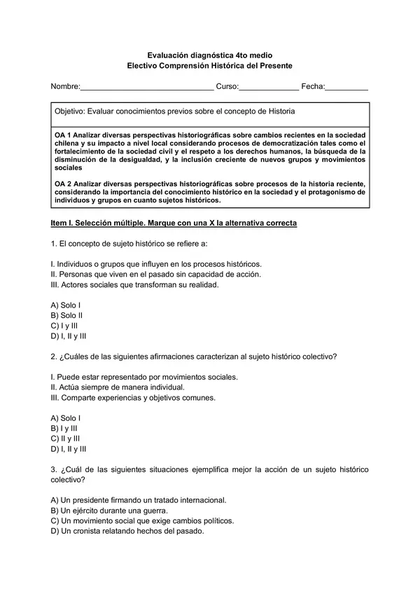 Evaluación diagnóstica: Electivo Comprensión Histórica del Presente 