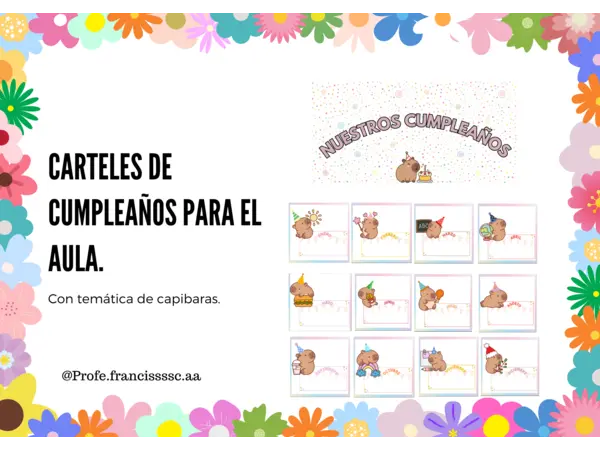 CARTELES DE CUMPLEAÑOS CON TEMÁTICA DE CAPIBARAS PARA EL AULA