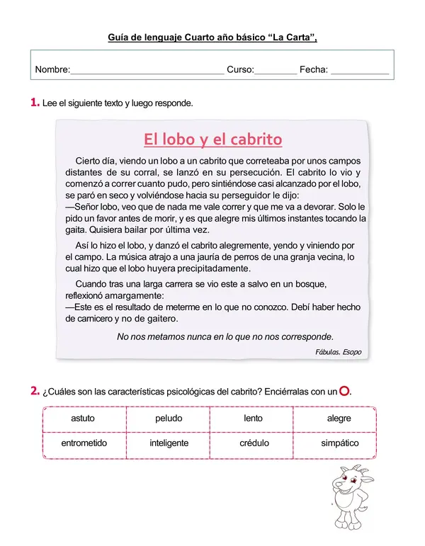 Guía de lenguaje 4°año "Lectura cuento, Sustantivos, características personajes".