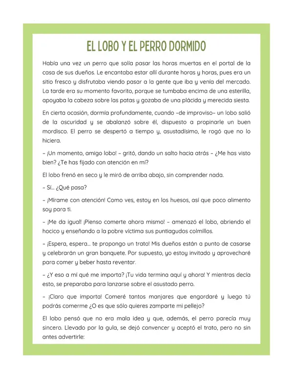 Comprensión lectora: Fábula - El lobo y el perro dormido