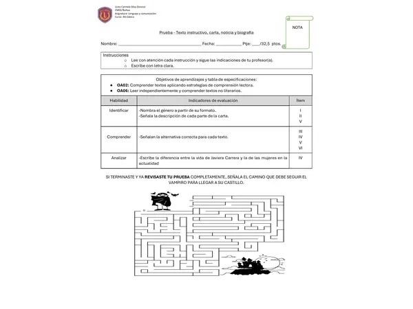 Prueba de comprensión lectora de géneros carta, instructivo, noticia y biografía