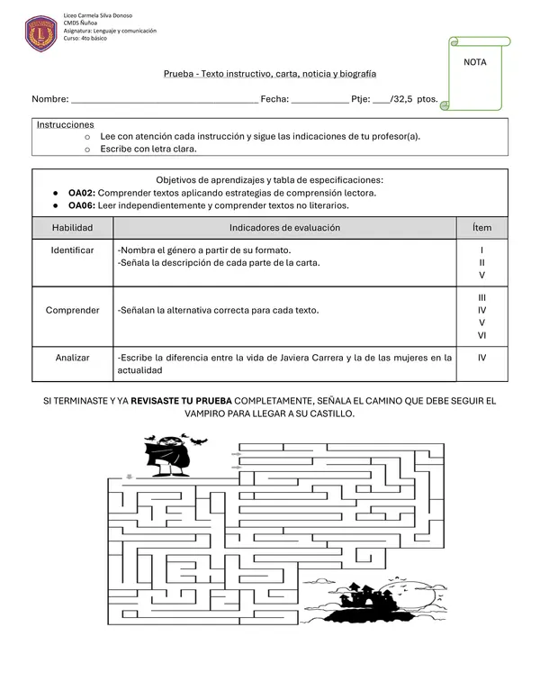 Prueba de comprensión lectora de géneros carta, instructivo, noticia y biografía