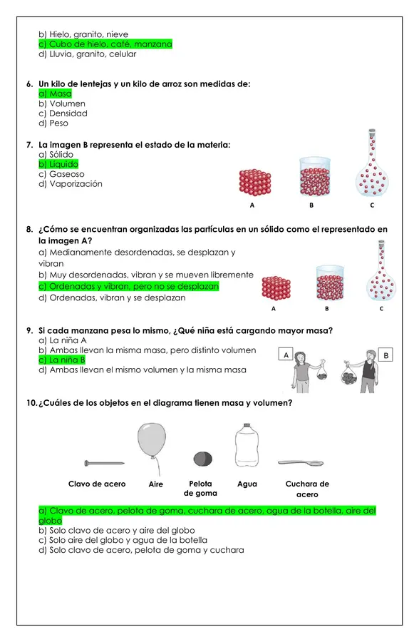 Prueba Ciencias naturales - Masa y volumen 4° básico