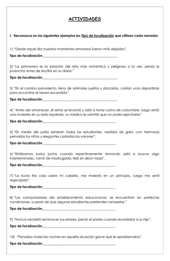 Guía de trabajo - Focalización del narrador y análisis de texto- 7° básico (Lengua y literatura)
