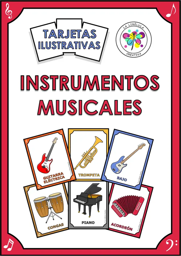 Tarjetas Ilustrativas Instrumentos Musicales Música Color Blanco y negro