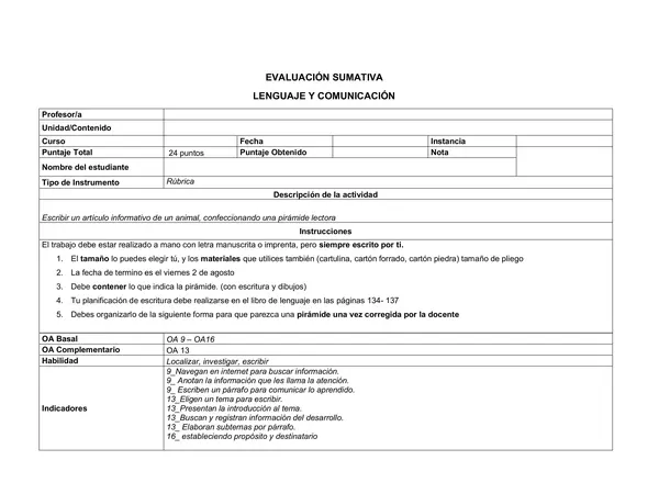 Rúbrica para evaluar investigación y escritura de un artículo informativo.