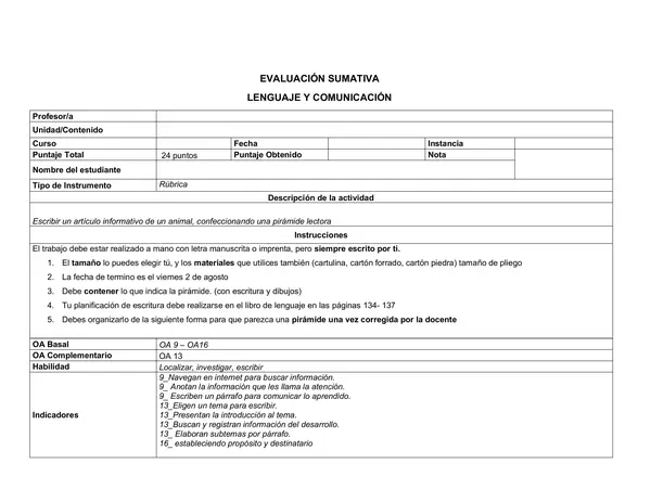 Rúbrica para evaluar investigación y escritura de un artículo informativo.